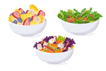 Three colorful salad bowls: fruit mix, green leafy salad, and mixed vegetable with cheese and purple cabbage.