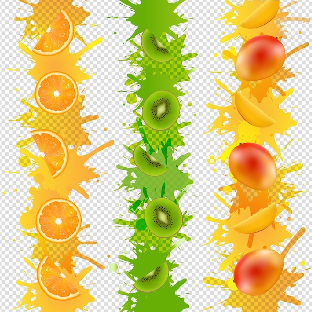 Vibrant fruit splash graphics featuring orange slices, kiwi halves, and mango pieces with colorful juice splatters on transparent background.