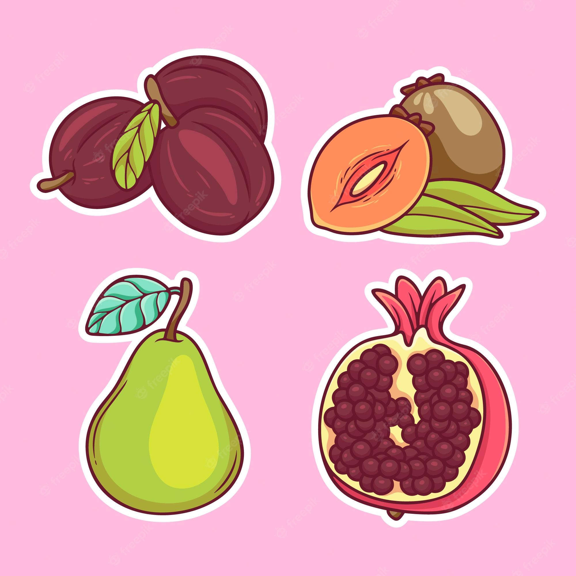 Illustrated stickers of plums, peaches, pears, and pomegranates on a pink background.