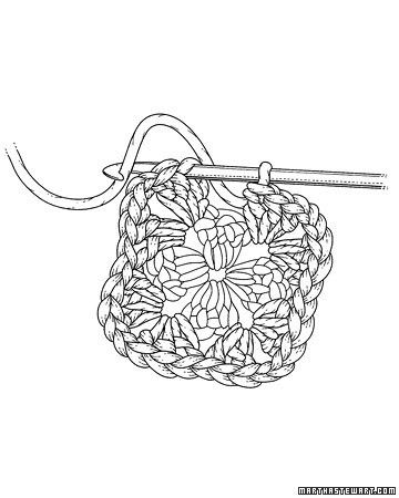 Black-and-white line drawing of a crochet granny square in progress with hook and yarn loop.