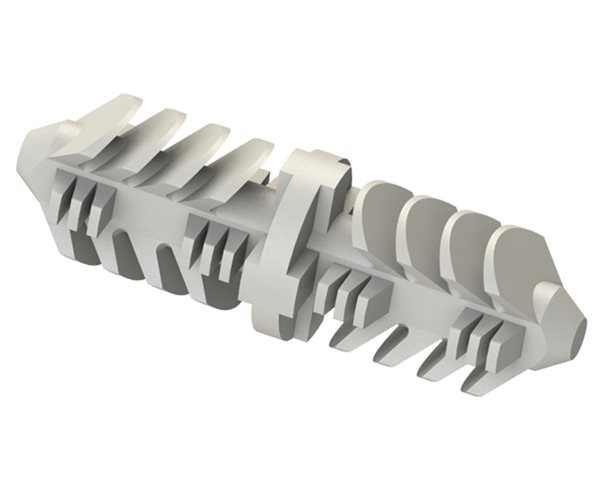 3D-rendered metallic gear-like mechanical component with symmetrical interlocking teeth and grooves.