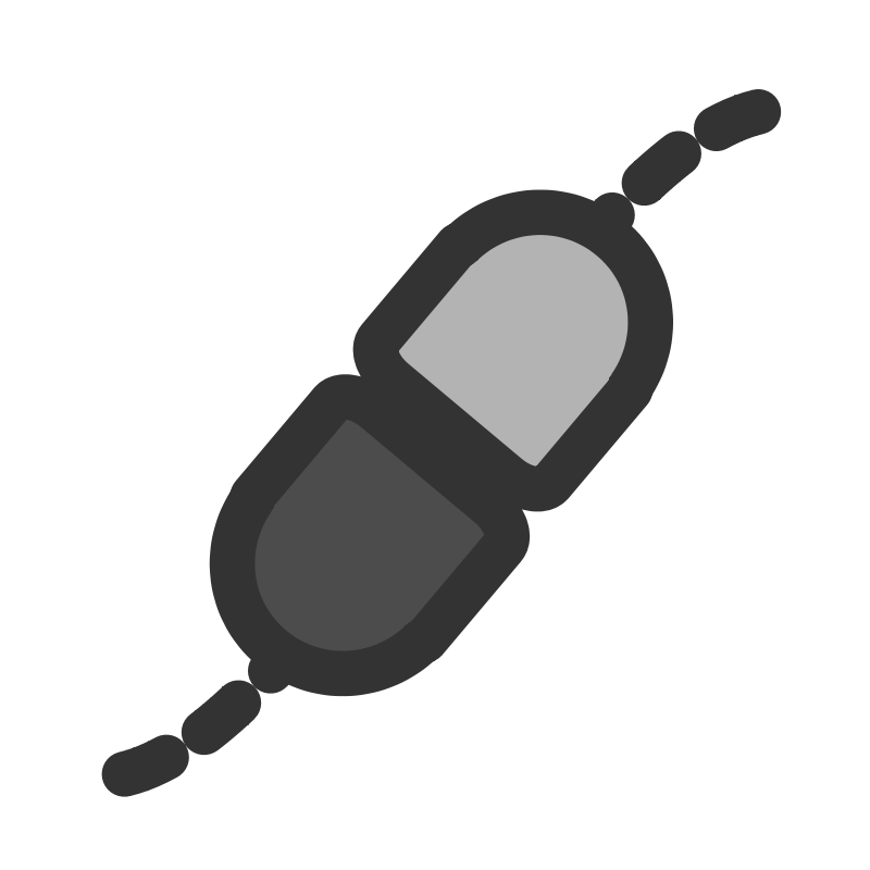 Stylized double-capsule icon with two connected oval segments and small end connectors, in grayscale.