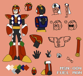 Character design sheet for MSN-004 Fuel Man, featuring full-body pose, head variants, accessories, and color palette.