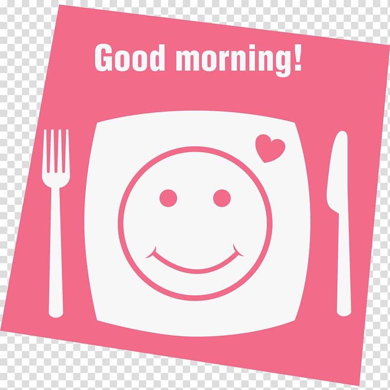 Pink breakfast placemat with "Good morning!" text, smiley face plate, fork, knife, and heart icon.