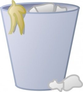 Light blue trash can with a banana peel hanging over the rim and crumpled paper nearby.