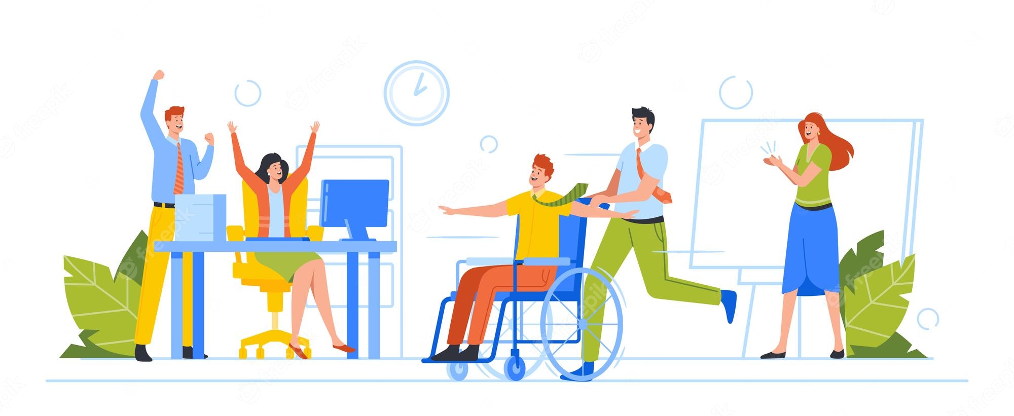Diverse office team celebrating inclusively, including a colleague in a wheelchair, with joyful gestures and collaborative energy.