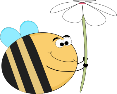 Smiling cartoon bee with blue wings hovering near a white daisy against black background.