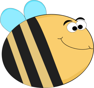 Friendly cartoon bee with yellow and black stripes, blue wings, and a smiling face.