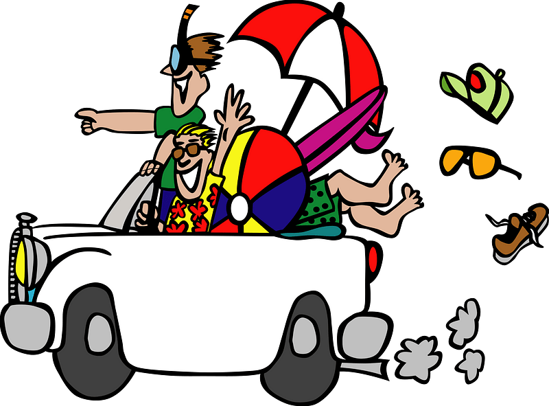 Two joyful people in a convertible car packed with beach gear-snorkel, umbrella, ball, sunglasses-speeding toward vacation fun.