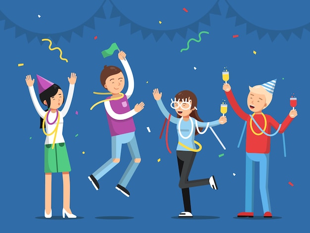 Four joyful people celebrating with party hats, streamers, and drinks against a blue festive backdrop.