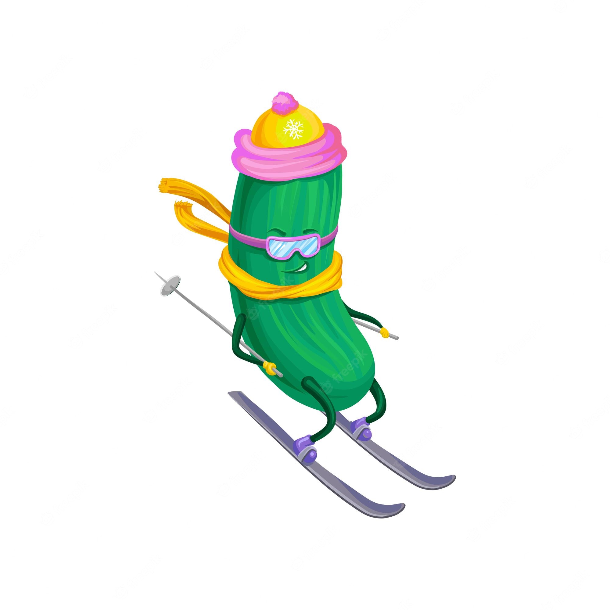 A cheerful cartoon cucumber skiing, wearing a yellow beanie, pink scarf, goggles, and holding ski poles.
