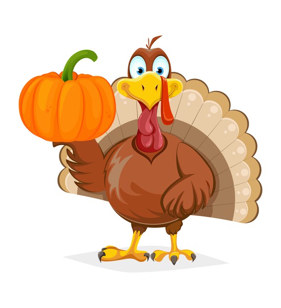 Cheerful cartoon turkey holding an orange pumpkin, smiling with fanned tail feathers.