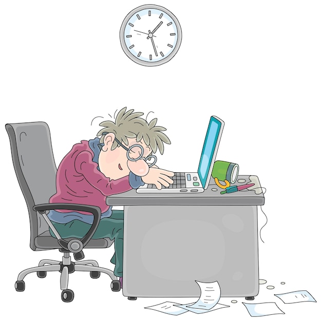 Exhausted person with messy hair and glasses slumped over laptop at cluttered desk, clock showing late hour.