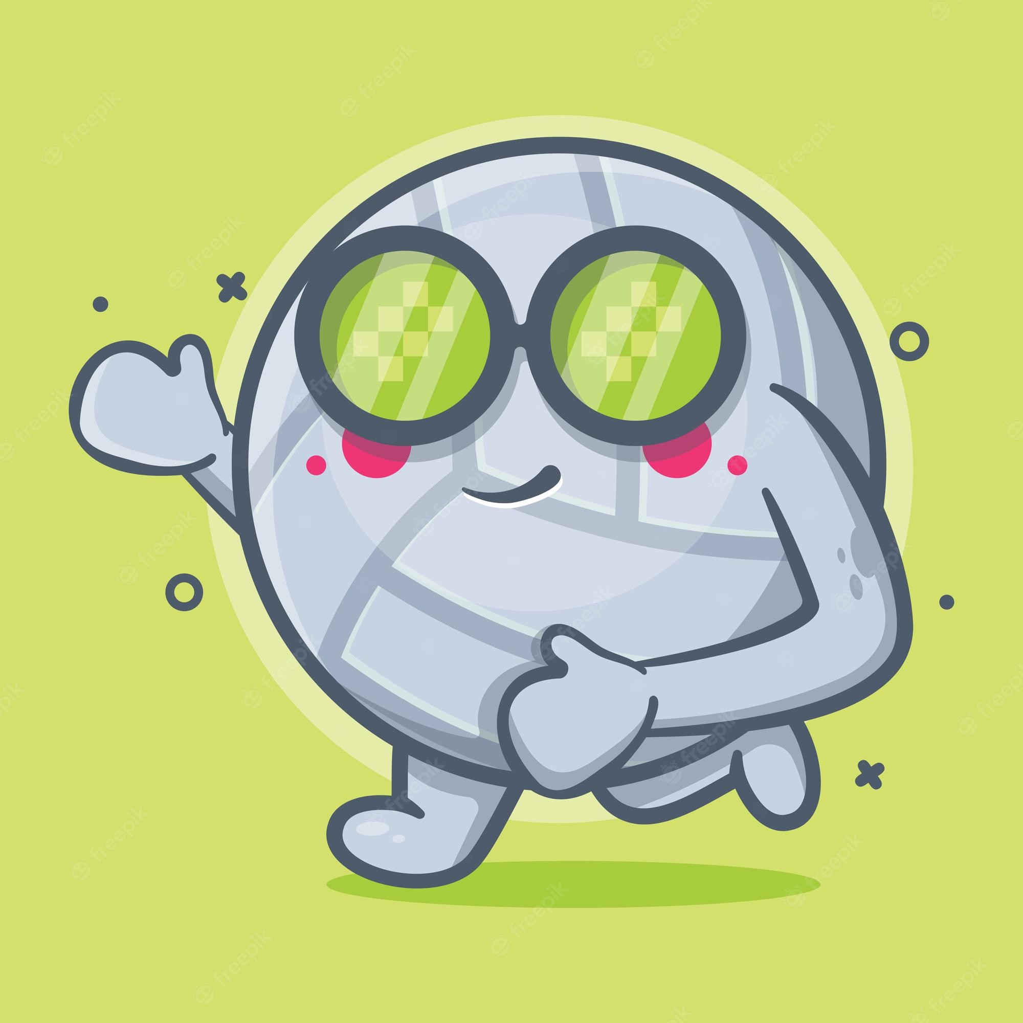 Friendly cartoon robot with green pixelated eyes, waving and giving a thumbs-up on lime background.