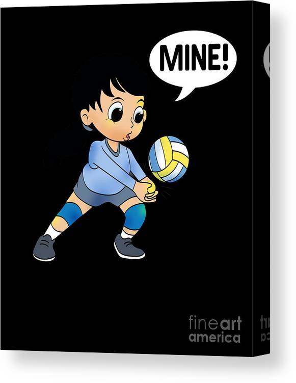 Cartoon boy in volleyball uniform grabbing ball with speech bubble saying "MINE!" on black background.