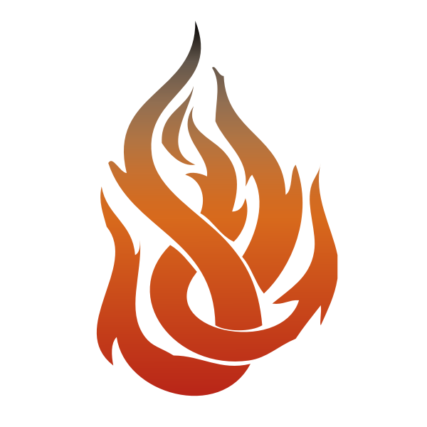 Stylized flame icon with gradient orange-to-red hues on black background, representing fire, energy, or passion.