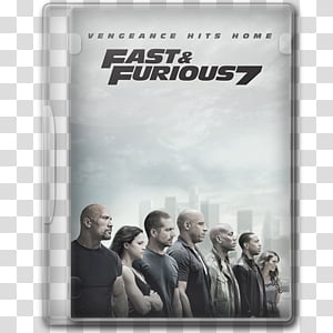 Fast & Furious 7 movie poster featuring the main cast in a lineup against a cloudy city skyline, with tagline "Vengeance Hits Home".