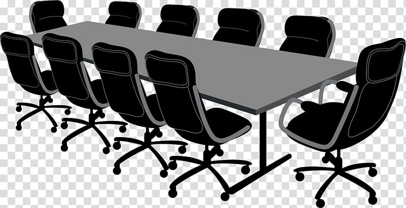 Modern conference room with long gray table and eight black ergonomic office chairs on wheels.