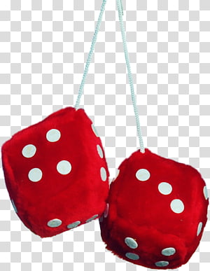 Two red fuzzy dice with white dots hanging from strings against a transparent background.