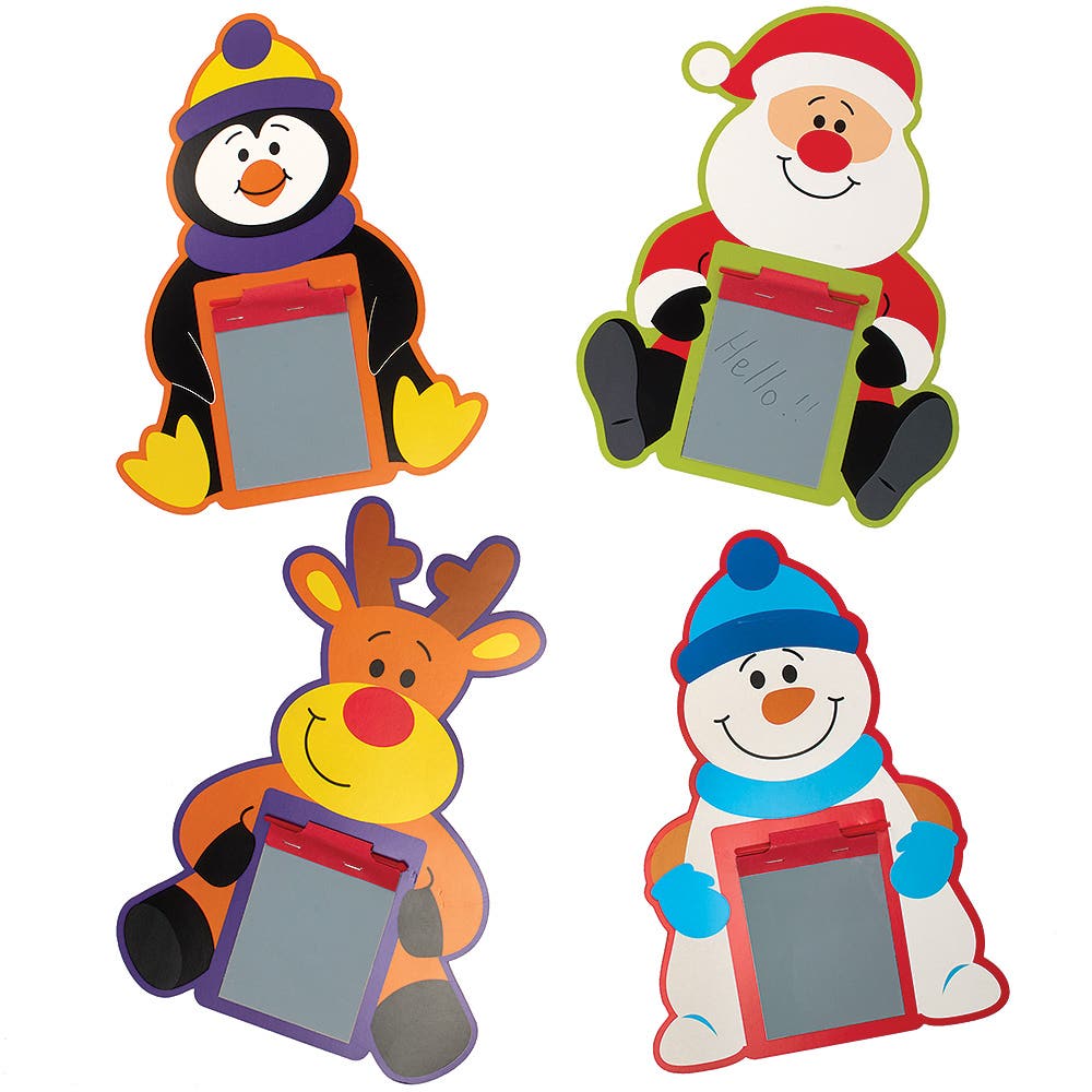Four festive Christmas character cutouts-penguin, Santa, reindeer, snowman-each holding a small chalkboard.