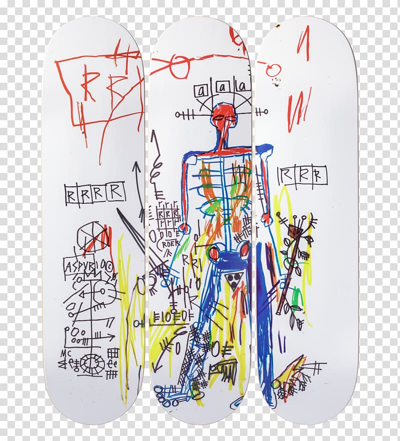 Three white skateboard decks featuring vibrant, abstract graffiti-style artwork with bold lines, symbols, and colorful figures.