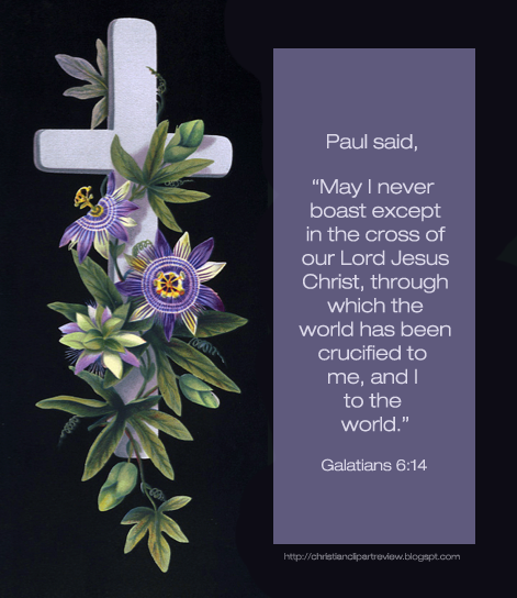 White cross adorned with purple passionflowers and green leaves, alongside Galatians 6:14 quote on dark background.
