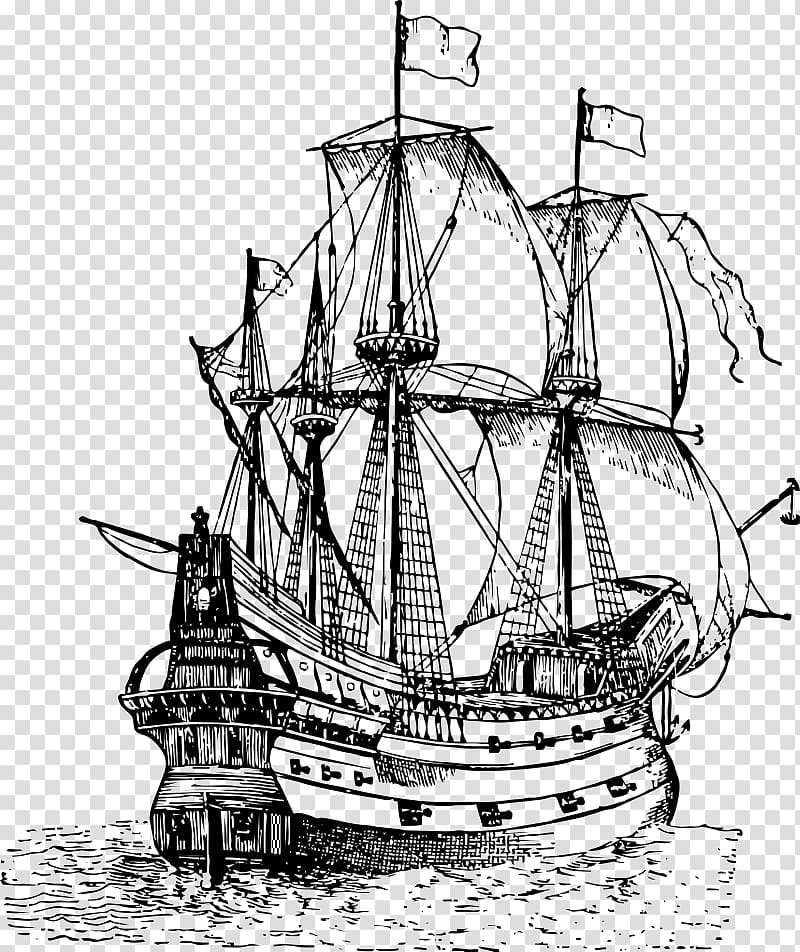 Black-and-white line drawing of a 16th-century galleon with three masts, billowing sails, and ornate sterncastle, floating on waves.
