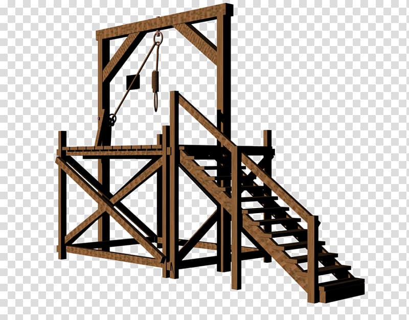 Wooden gallows structure with hanging noose, stairs, and platform on transparent background.