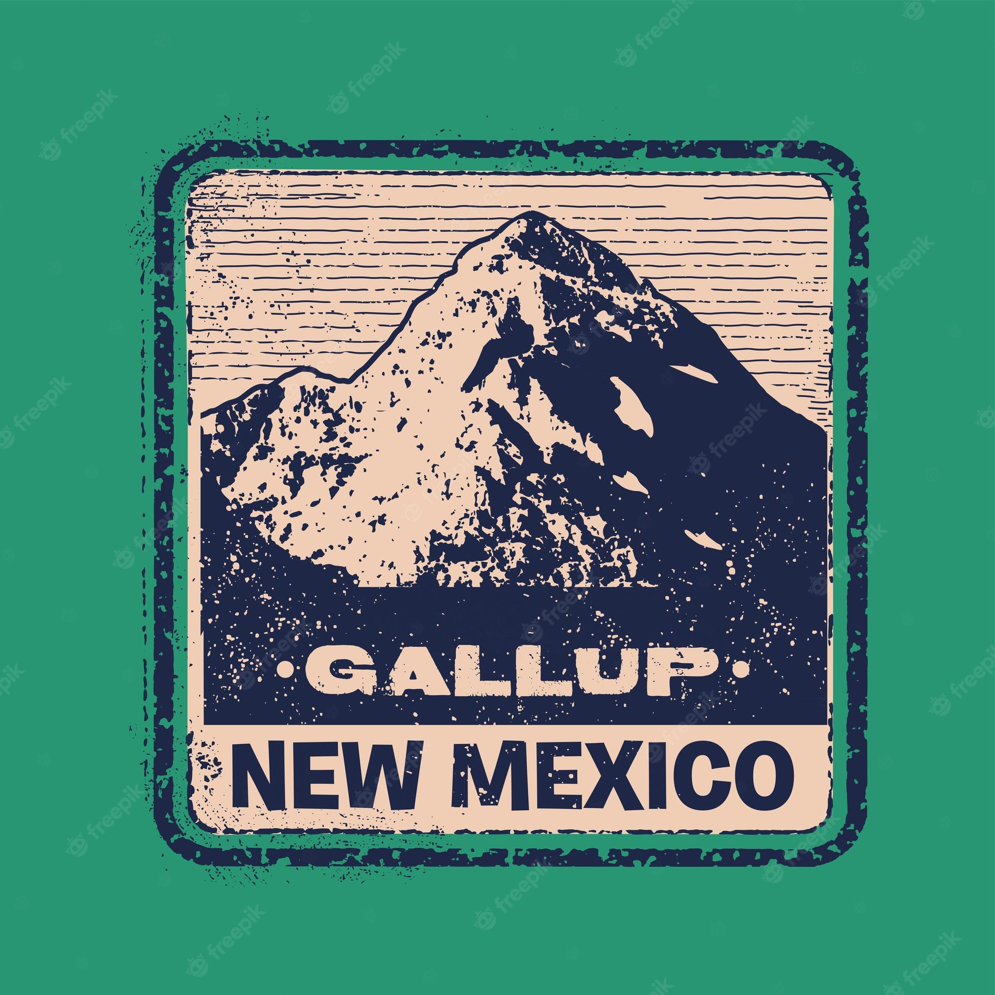 Vintage-style stamp design featuring a mountain silhouette with "Gallup, New Mexico" text on teal background.