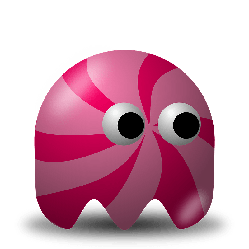 A whimsical pink and magenta swirled candy character with large googly eyes and a black base, set against a teal background.
