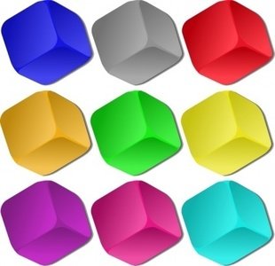 Nine colorful 3D cubes arranged in a 3x3 grid, each with glossy finish and distinct hue.
