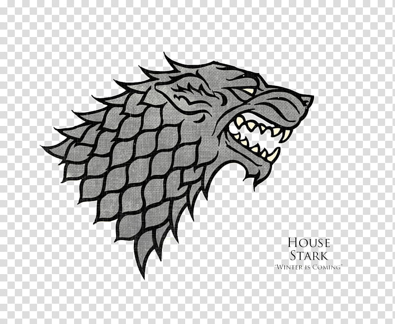 House Stark direwolf sigil from Game of Thrones, gray stylized wolf head with "Winter is Coming" motto.