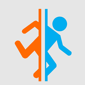 Orange and blue stylized human figures separated by a vertical line, symbolizing division or comparison.