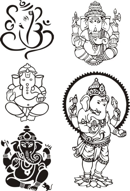 Five black-and-white illustrations of Lord Ganesha in various traditional poses and artistic styles, including symbolic Om-Ganesh motif.