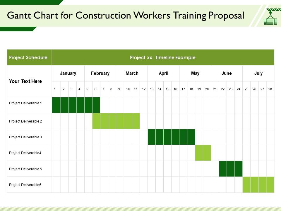 Gantt chart template for construction workers training proposal showing project schedule across January-July with deliverables and timelines.