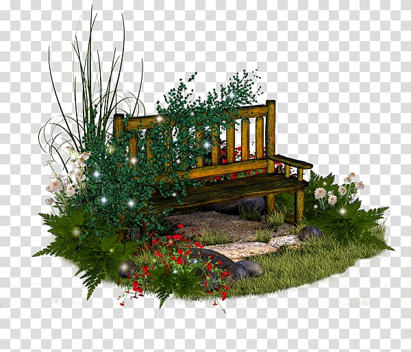 Wooden garden bench surrounded by lush greenery, red and white flowers, and sparkling fairy lights on a grassy patch.