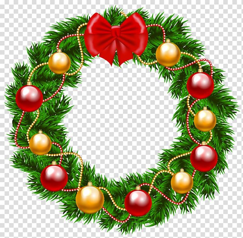 Festive Christmas wreath with green pine, red bow, gold and red ornaments, and beaded garland on transparent background.
