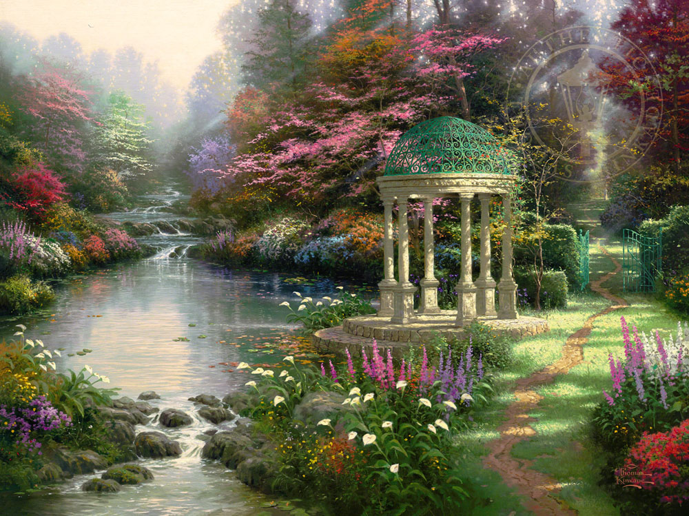 A serene garden with a stone gazebo, flowing stream, vibrant flowers, and colorful trees under soft light.