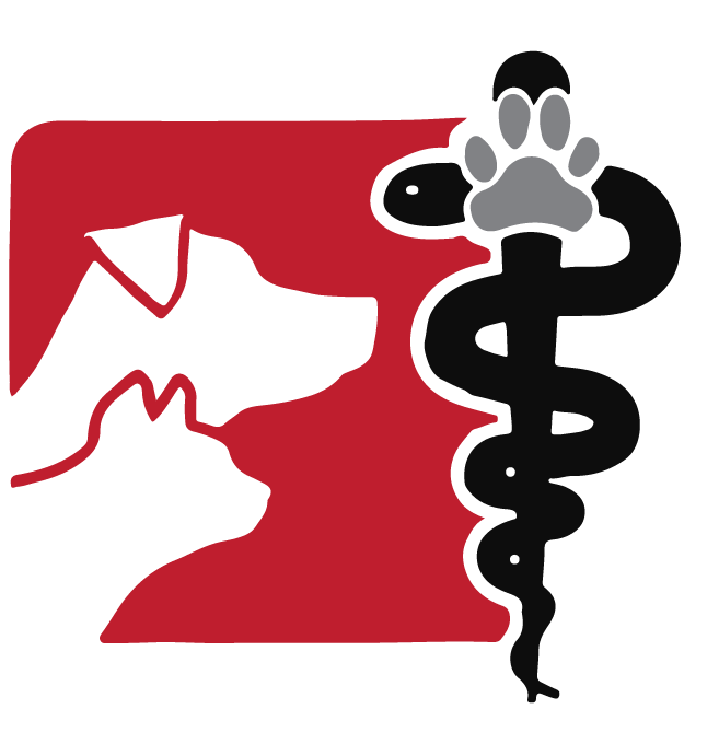 Veterinary logo featuring a red background with white dog and cat silhouettes beside a black caduceus topped with a paw print.