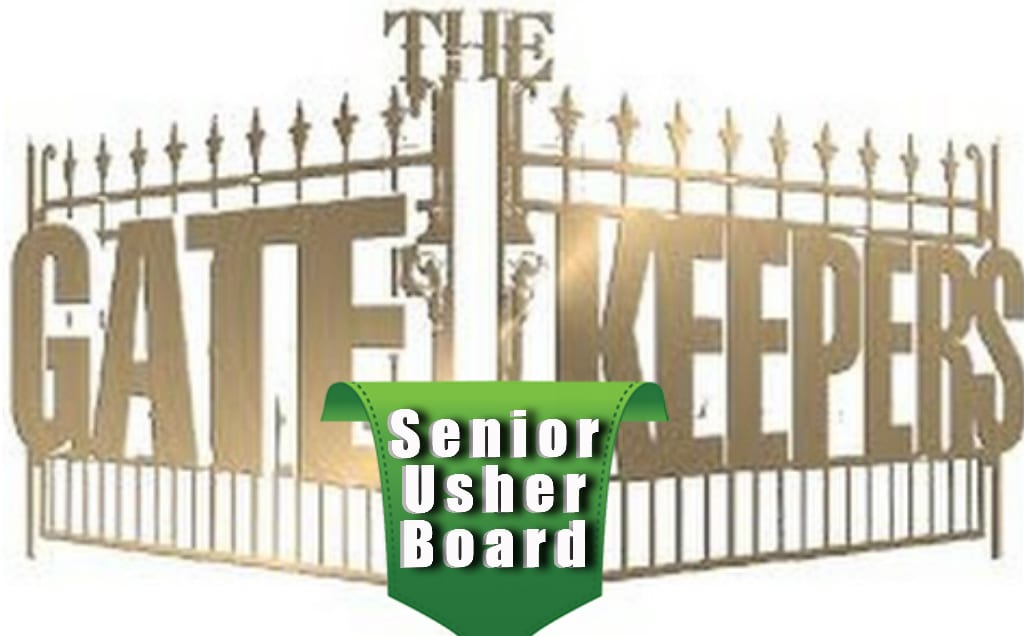 The Gatekeepers Senior Usher Board logo featuring ornate golden gate design with green banner overlay.
