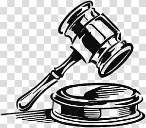 Black-and-white line drawing of a judge’s gavel resting on a sound block, symbolizing legal authority and courtroom proceedings.
