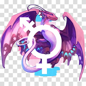 A stylized purple and pink dragon overlaid with a white transgender symbol (♂♀♀), representing LGBTQ+ identity and fantasy art.