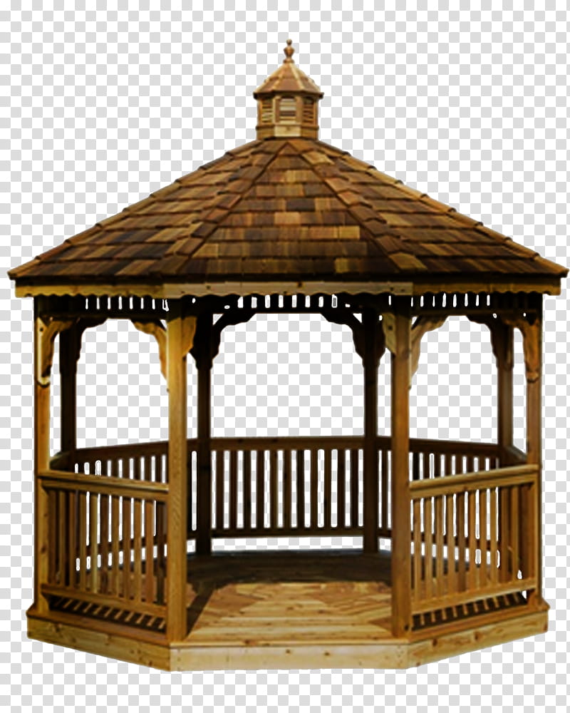 Wooden octagonal gazebo with shingled roof, decorative finial, and railings on transparent background.