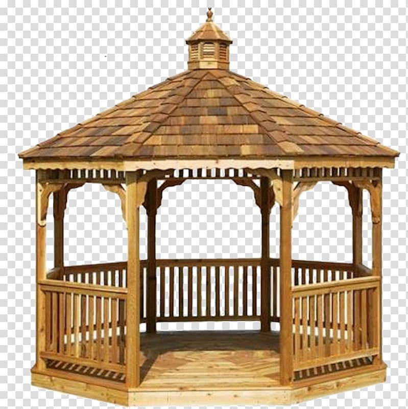 Wooden octagonal gazebo with shingled roof, decorative finial, and railings on transparent background.
