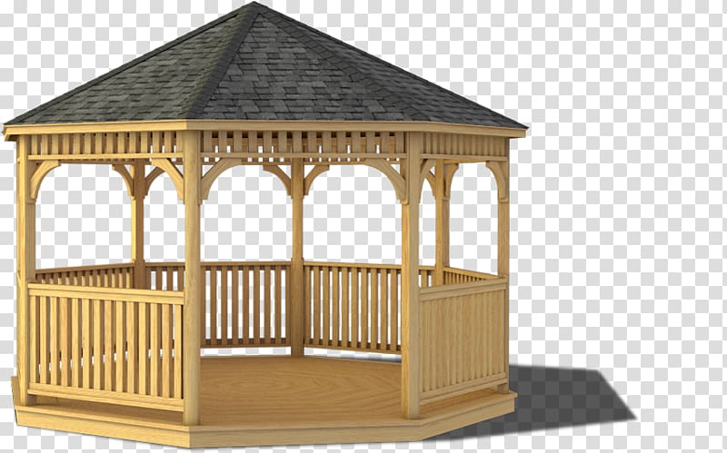 Wooden octagonal gazebo with shingled roof, open sides, and slatted railings on a transparent background.