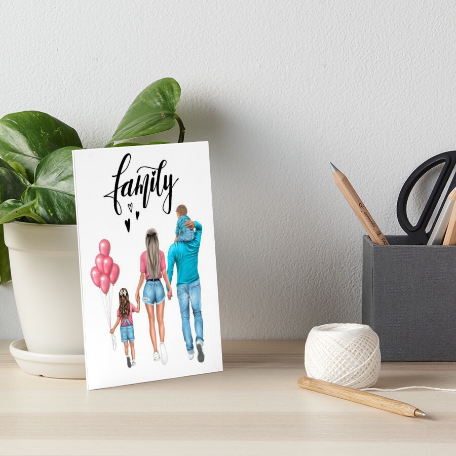 Illustrated family of four walking away, holding balloons, with "family" script above; displayed on desk beside plant and supplies.