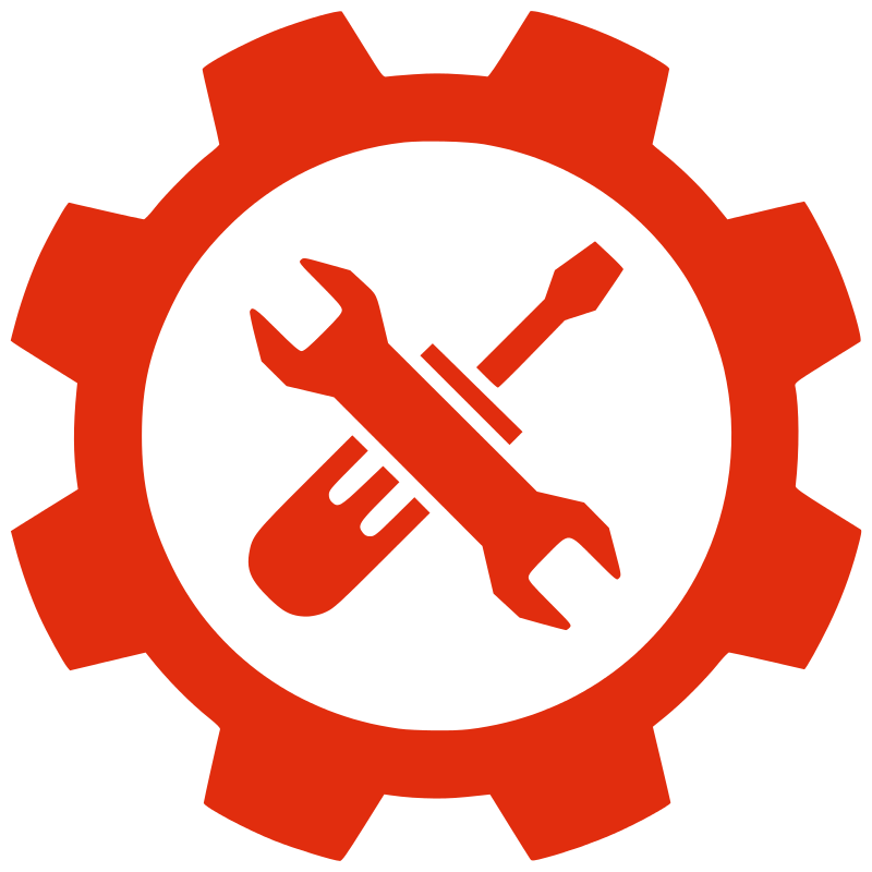Red gear icon with crossed wrench and screwdriver symbolizing tools, settings, or maintenance.