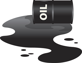Black oil barrel tipped over with dark liquid spilling across a white background, illustrating an oil spill or leakage.