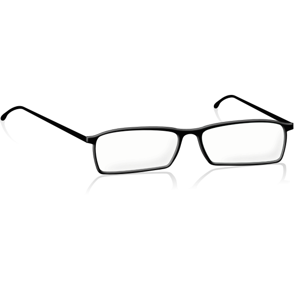 Black-framed rectangular eyeglasses with light-tinted lenses on a white background.