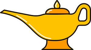 Golden genie lamp with glowing flame, classic cartoon-style illustration.